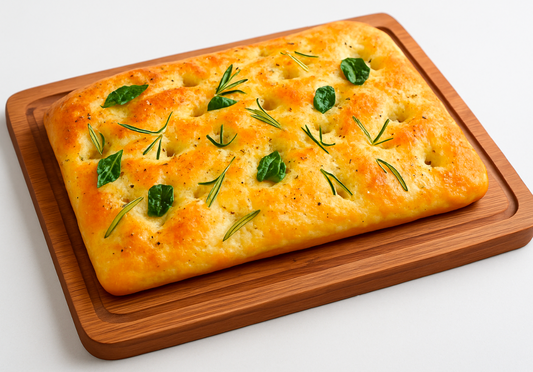 Loaf of focaccia bread with herbs on a wooden cutting board
