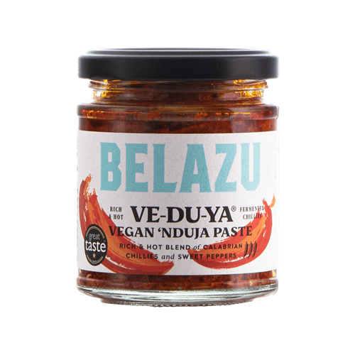 Jar of Belazu Vegan 'Nduja Paste with a white label on a white background