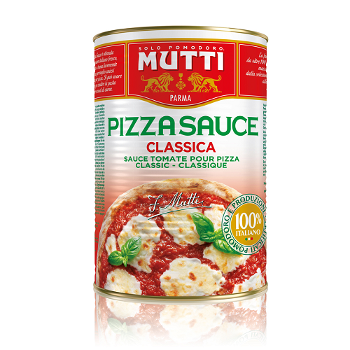 Can of Mutti Pizza Sauce with tomato sauce, cheese, and basil on a white background