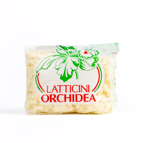 Packaged cheese with Latticini Orchidea branding on a white background