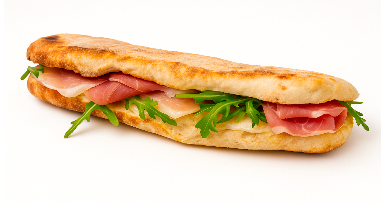 Gio Panuzzu with prosciutto, arugula, and cheese on a white background