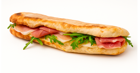Gio Panuzzu with prosciutto, arugula, and cheese on a white background