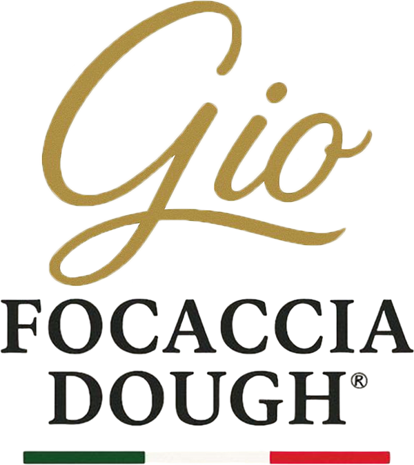 Logo of Gio Focaccia Dough with 'Gio' in gold, 'Focaccia Dough' in black, and Italian flag colors at the bottom.