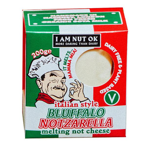 Box of 'Bluffalo Notzarella' cheese with Italian flag design and cartoon character.