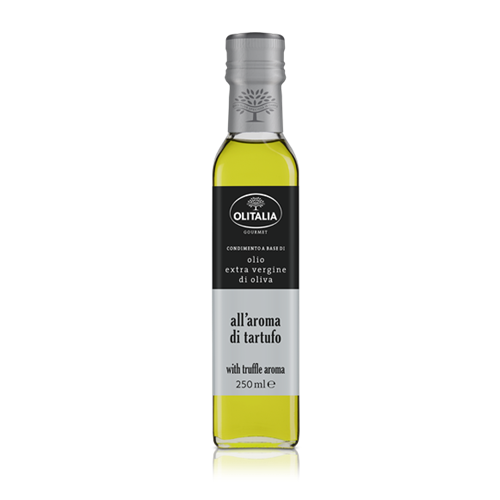 Bottle of Olitalia olive oil with truffle aroma on a white background