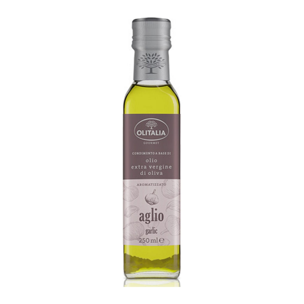 Bottle of Olitalia garlic-infused olive oil on a white background