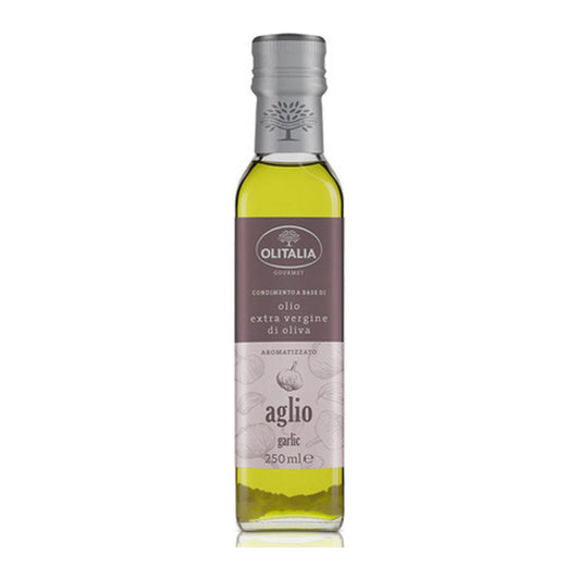 Bottle of Olitalia garlic-infused olive oil on a white background