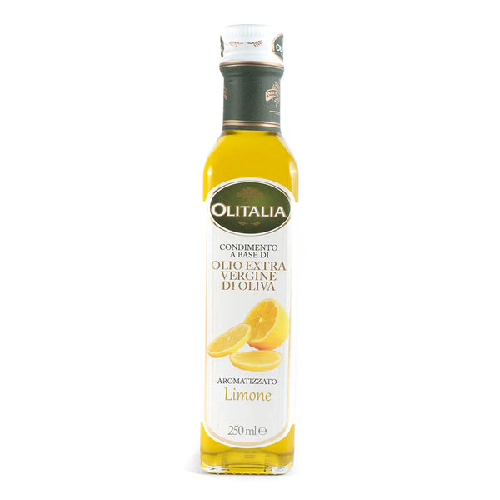 Bottle of Olitalia lemon-flavored olive oil on a white background