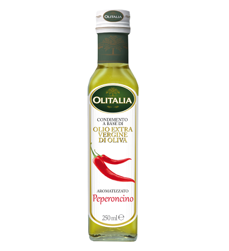 Bottle of Olitalia Peperoncino olive oil on a white background