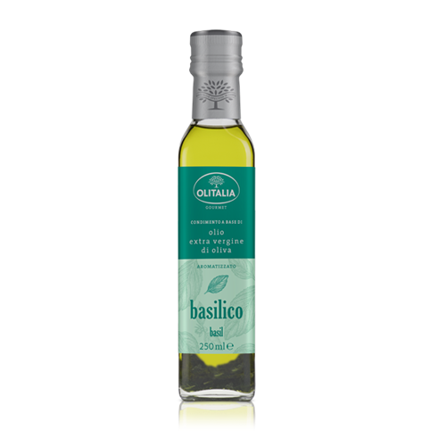 Bottle of Olitalia basil-infused olive oil on a white background