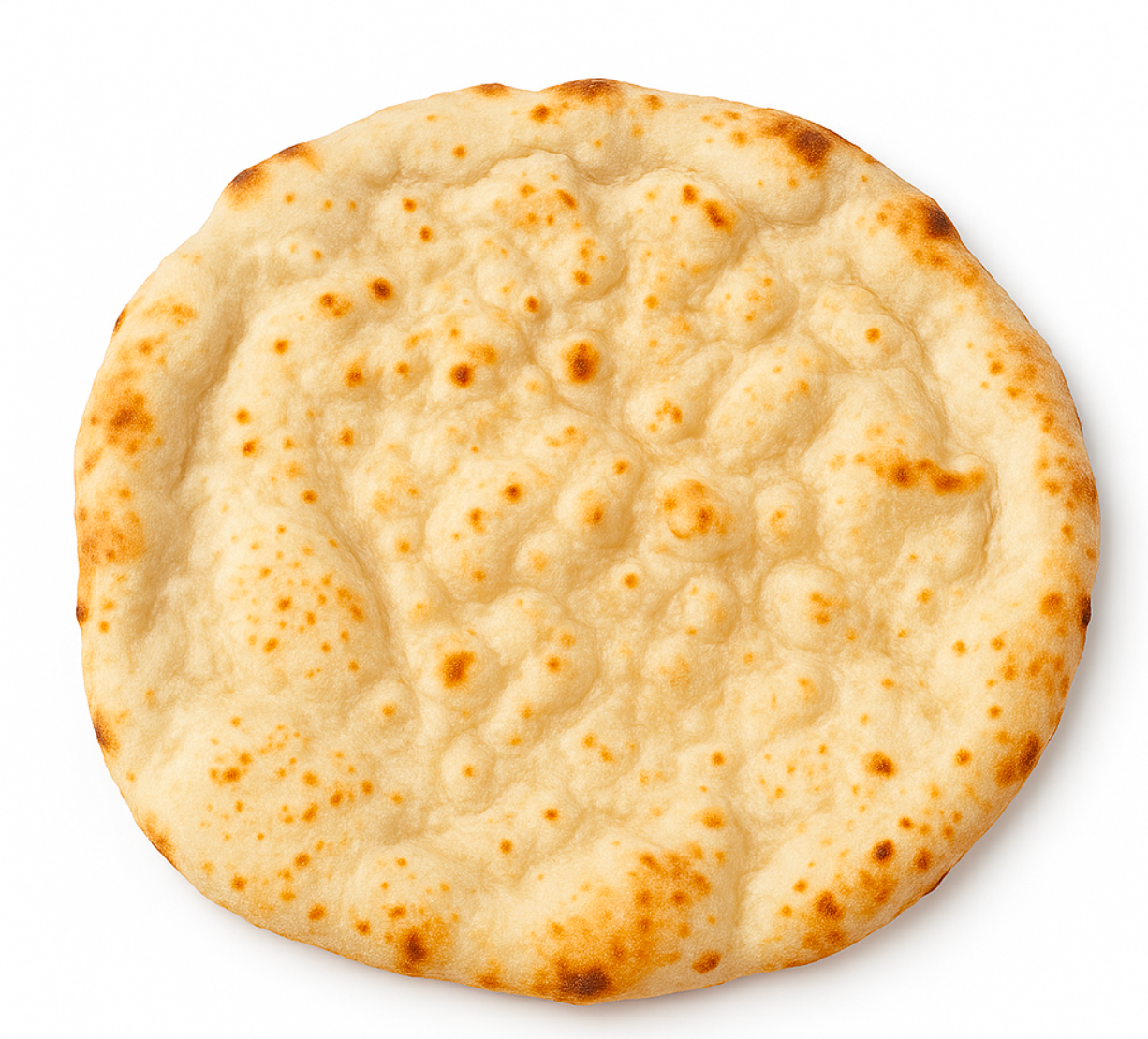 Round pizza with a slightly browned surface on a white background
