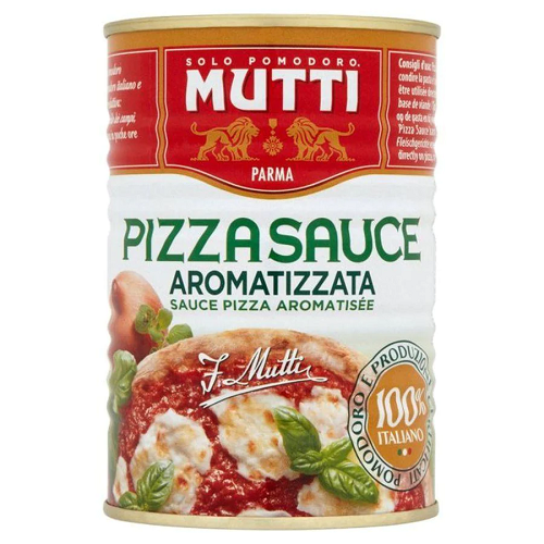 Can of Mutti pizza sauce with red and white label
