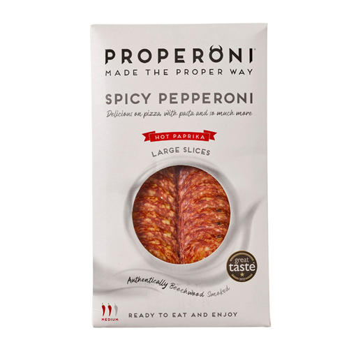 Properoni Spicy Pepperoni packaging on a white background